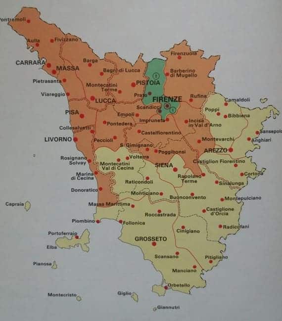 Karte der Gemeinden und Gliederung der Toskana mit Florenz